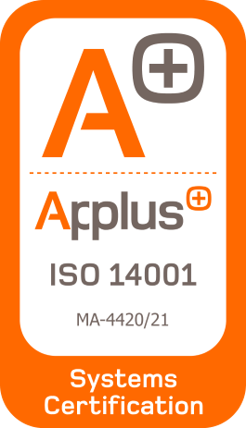 Orange accreditation badge reading 'Arplus ISO 14001 Systems Certification' with the A logo and a plus in a rounded square, MA-4420/21 shown.