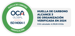 Carbon footprint verification badge (ISO 14064-1) showing CO2e 4,319 t for the organization in 2024 (OC Global seal).