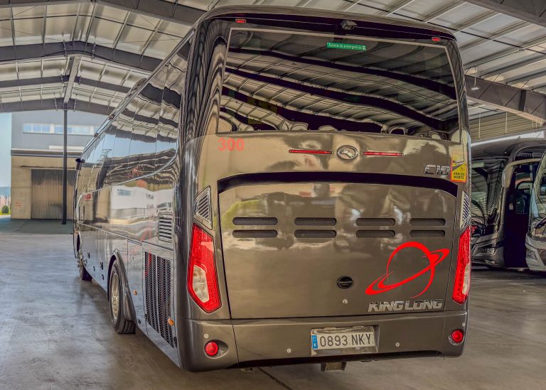 Rear view of a dark gray King Long bus inside a showroom, with a red '300' on the upper left, visible emergency exit sign, and red taillights; license plate 0893 NKY is shown at the bottom.