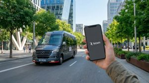 Hand holding a smartphone displaying the Bizum app as a gray van drives by on a tree-lined city street in front of modern buildings.