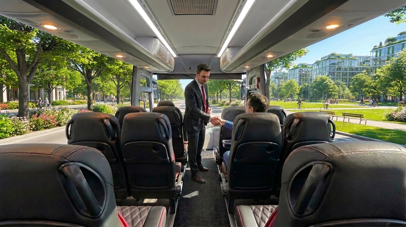 Two businessmen shake hands inside a modern coach bus, with a park visible through the windows outside.
